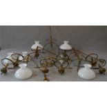 5 20th century two branch brass light fittings with 6 opaque glass shades [COLLECTION ONLY]