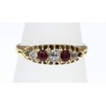 A ruby and diamond five-stone ring, marked only 'SB & SLD' tested as 18ct, approx 2.