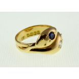 An 18ct Diamond & Sapphire set snake ring H/M London 1916, approx 7.