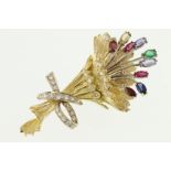 A 1960's style 14ct gem set spray brooch set with sapphire, emerald, ruby, diamonds etc,