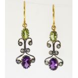 A pair of suffragette style ear pendants set with peridot, amethyst & diamonds,