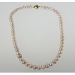 A cultured pearl necklace with a clasp stamped 375, each pearl approx 8.