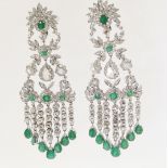 An impressive pair of chandelier emerald & diamond set ear pendants,