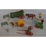 Quantity of metal figures: Charbens Costermongers Cart in green with red wheels,