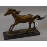 A hollowcast bronze figure of a horse set on a marble base. Signed "R J Mene" to base. 38cm tall.