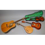 7 string instruments including Hohner Countryman guitar with case, violins, mandolins etc.