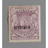 British East Africa Protectorate Fifty Rupees "SPECIMEN" stamp in mauve