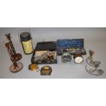 Mixed lot of collectables including interesting vintage clocks, candlesticks,