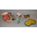 Beswick: A large Beswick jug No. 653, two horse figures, a Trout No. 1032, display dish No.