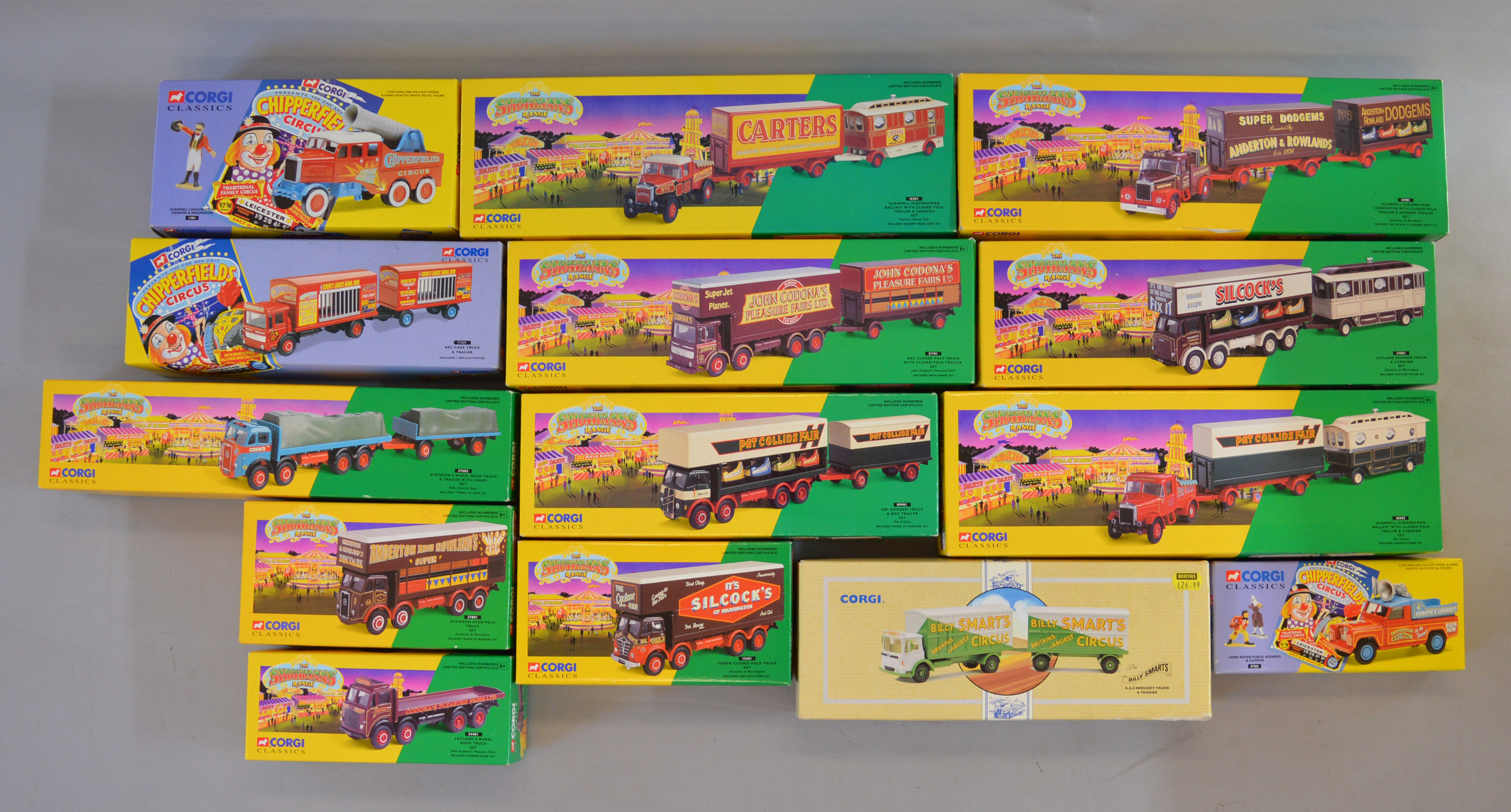 14 x Corgi Showmans & Circus vehicles. All VG boxed. Wing mirrors present where applicable.