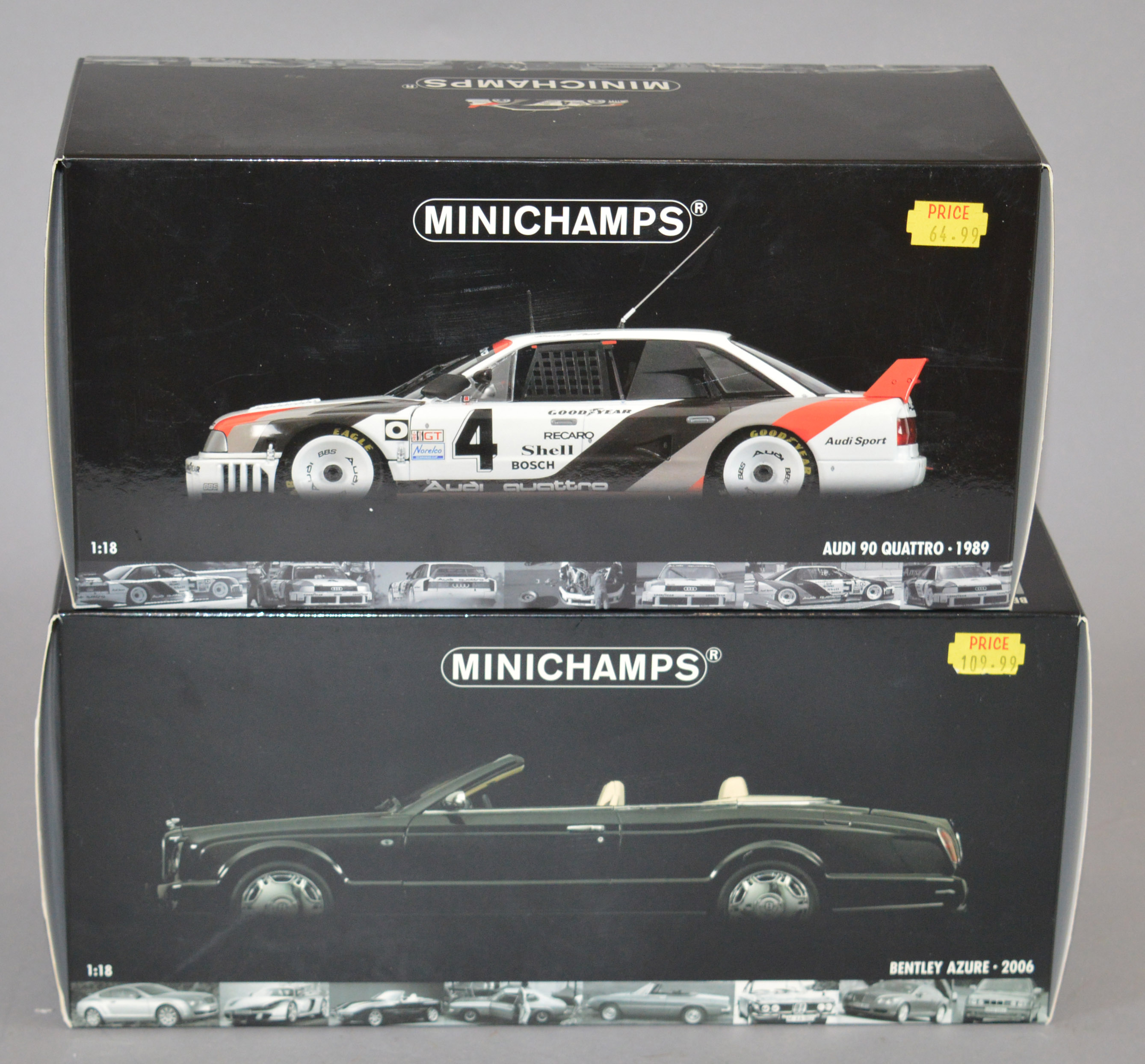 Two boxed Minichamps cars in 1:18 scale, a 'Bentley Azure 2006' and an 'Audi Quatro 1989'.