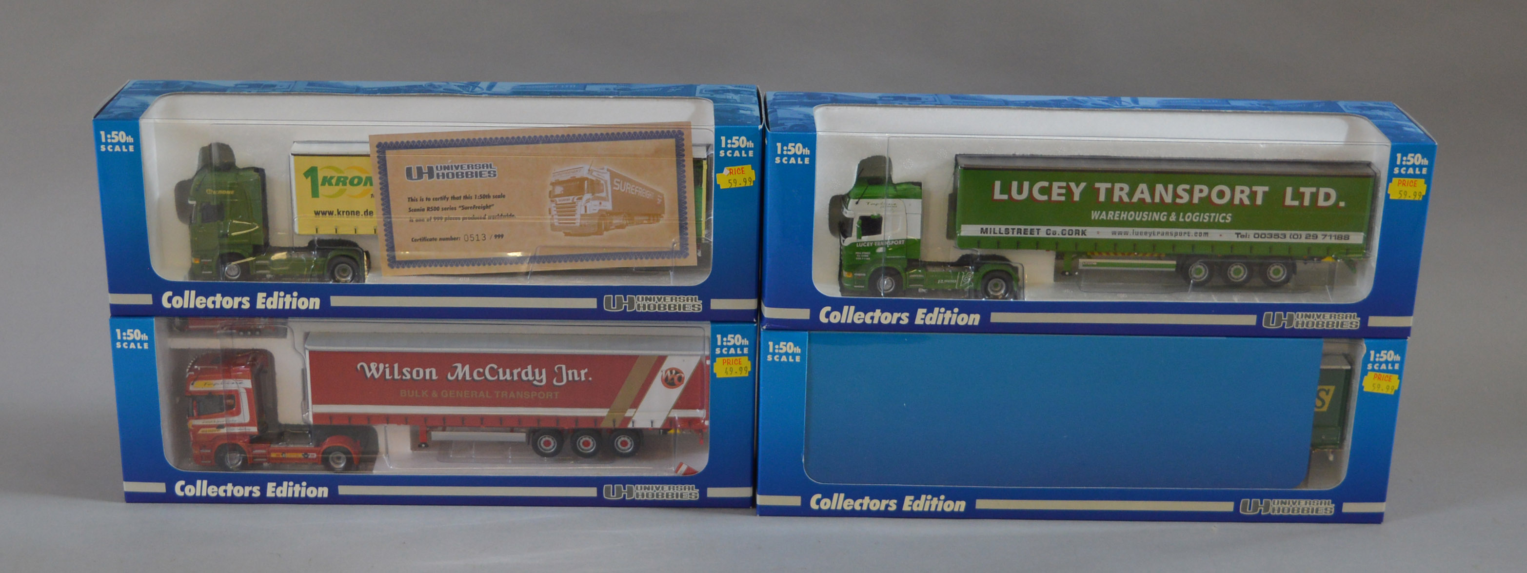 Four boxed Universal Hobbies 1:50 scale Scania Trucks in various liveries each one being a limited