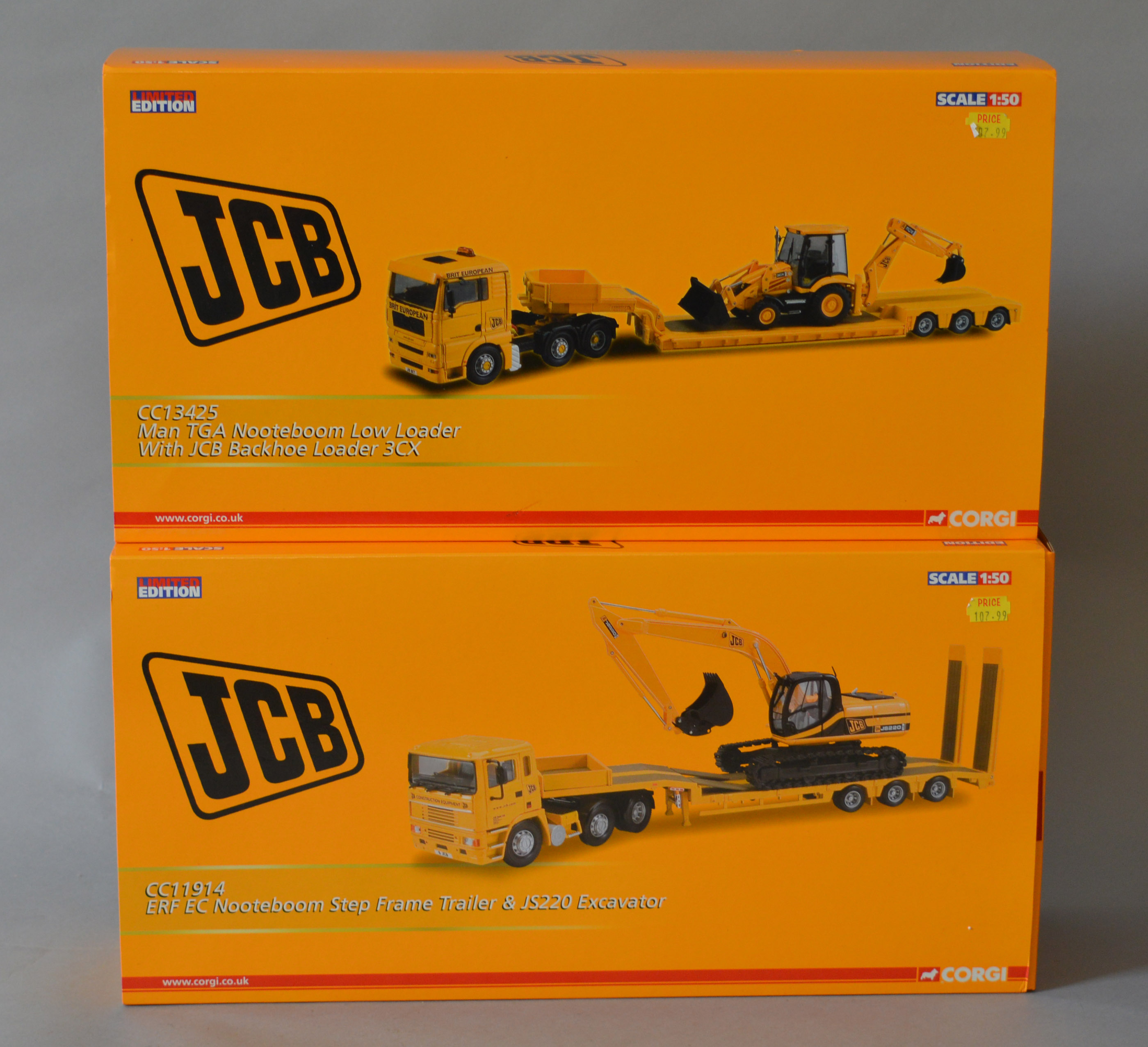 Two Corgi 1:50 scale 'JCB' Truck Sets - MAN TGA Nooteboom Low Loader with JCB Backhoe Loader 3CX,