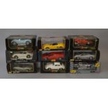 9 x 1/18 scale Diecast cars, includes Bburago and Maisto.