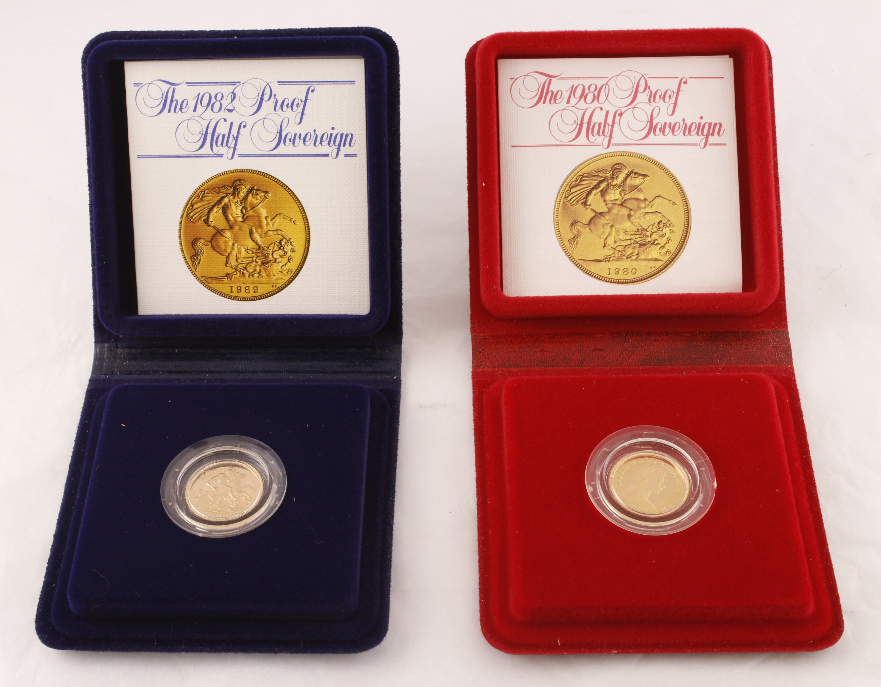 Two cased Royal Mint half-sovereigns in proof cases with certificates,