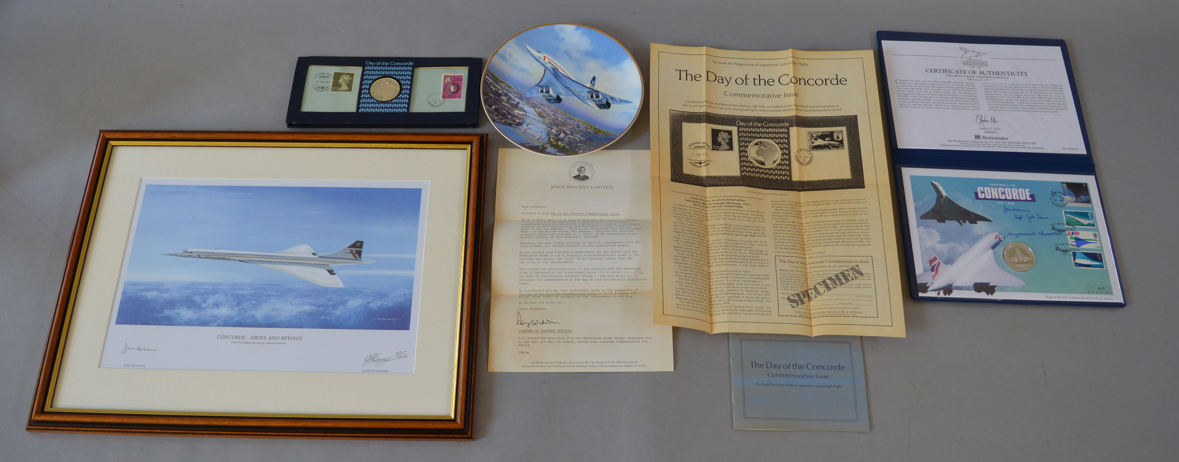 Concorde related memorabilia to include framed limited edition signed print by Tony Hansard,