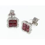 A pair of ruby and diamond square set earrings, approx total diamond weight 0.