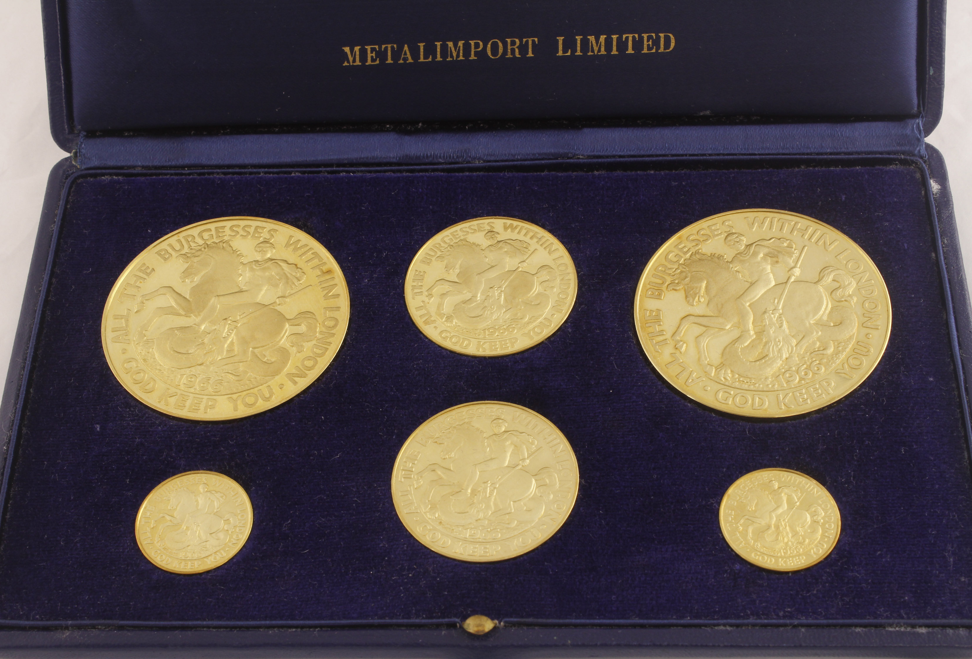 A cased set of six 18ct H/M medallions by Metalimport Ltd commemorating "London Medals (Great Fire - Image 2 of 4