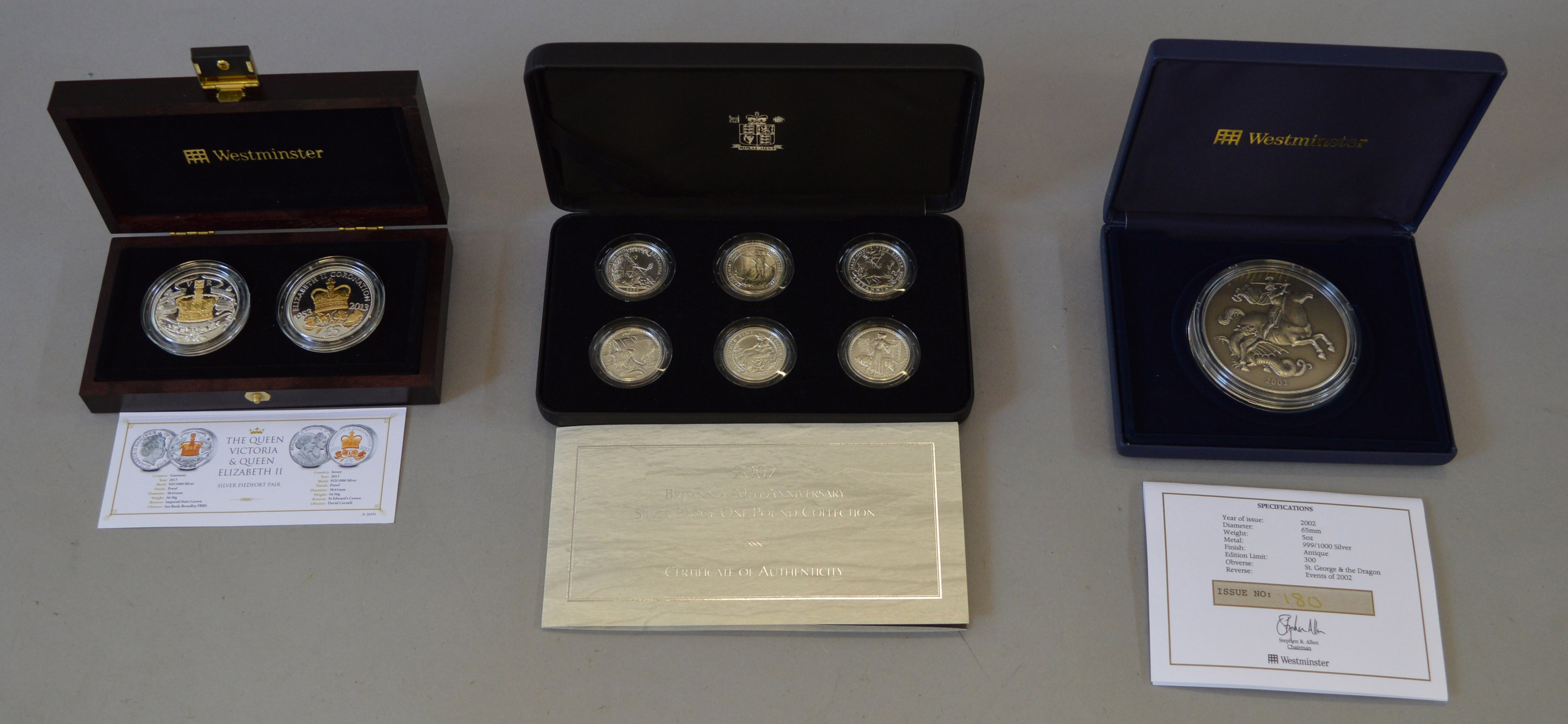 Royal Mint 2007 six coin Silver proof Britannia 20th anniversary £1 collection,