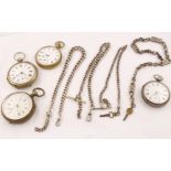Four silver watch chains together with four pocket watches for spares or repair (one with silver