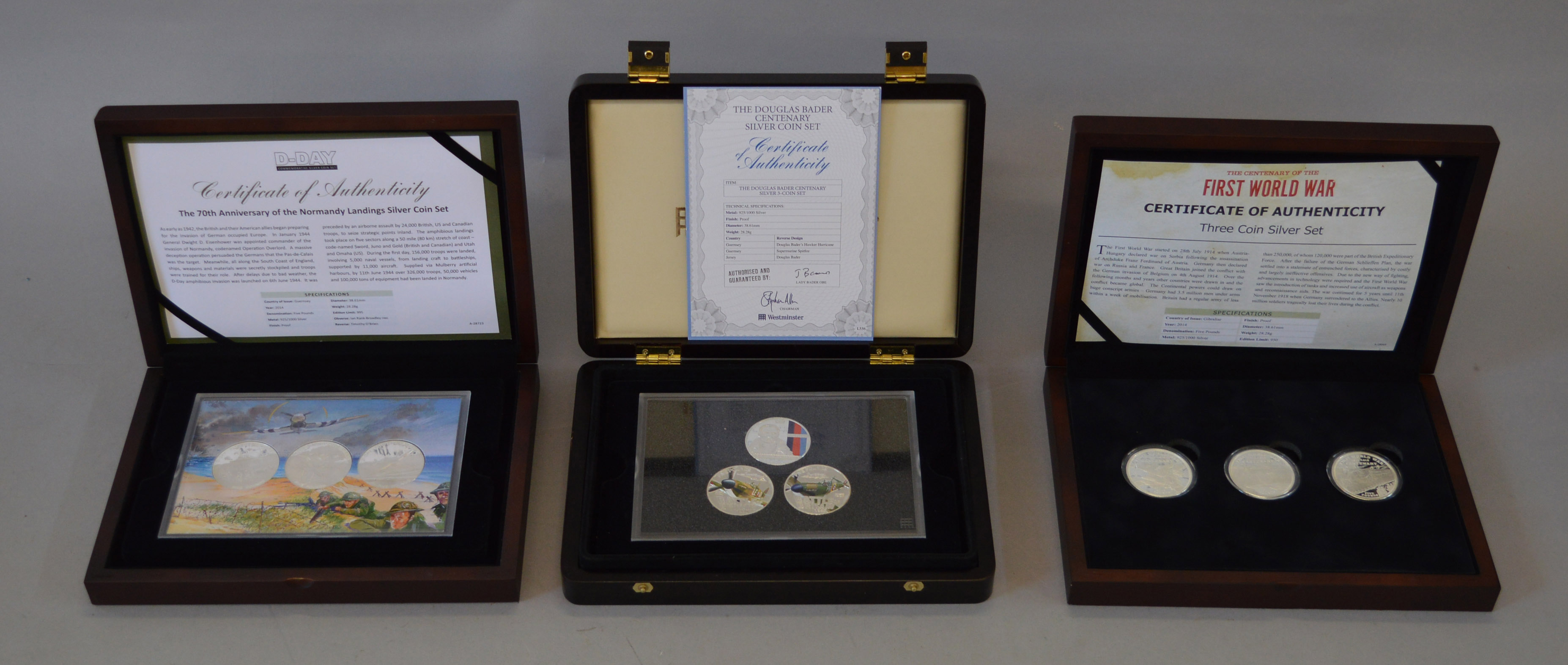 Three Westminster 925/Silver three-coin cased commemorative sets (3)