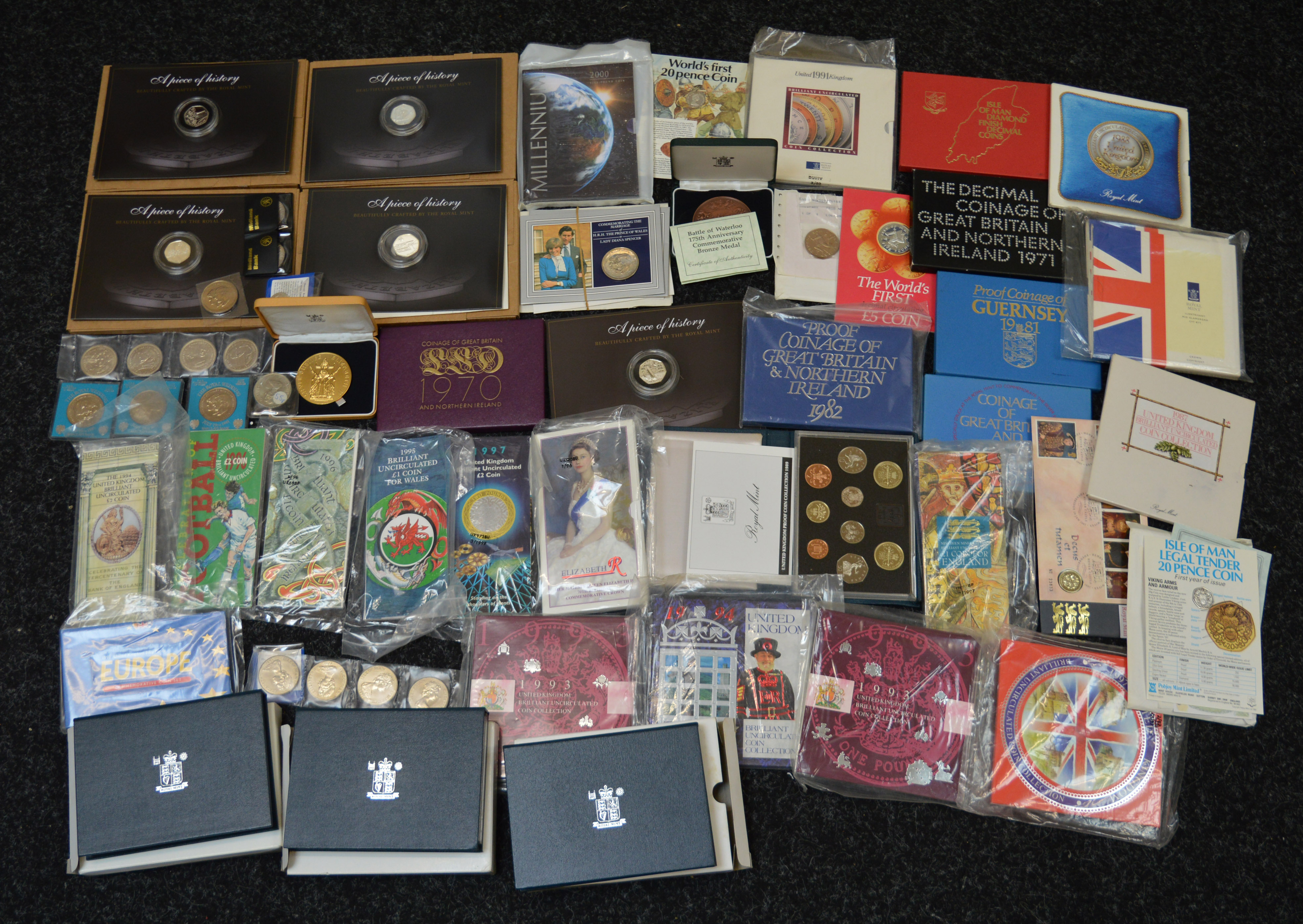 A boxed quantity of UK proof coins, 1970 to 1990's including uncirculated coins, crowns,