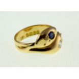 An 18ct Diamond & Sapphire set snake ring H/M London 1916, approx 7.