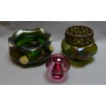 Two Loetz style iridescent green bowls together with a cranberry Wedgwood mushroom paperweight (3)