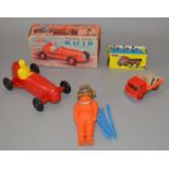 Three vintage plastic toys, a boxed Telsalda Bedford Coal Lorry with friction drive,