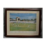 A framed and glazed print depicting Brian Lara hitting Morris for 4 to score 501.
