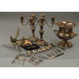 A mixed lot of silver plated items including 2 cockerels, pair of candelabra,