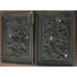 A pair of heavy wooden vintage carving pictures. 59cm x 42cm.