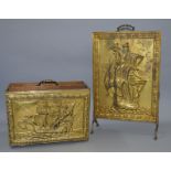 A vintage brass cased fire screen together with a similar magazine/newspaper rack,
