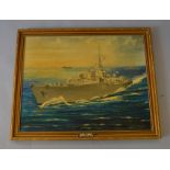 T. E. MILLINGTON. An oil on board entitled "HMS TUMULT" (1987). Some discolouration. Framed.