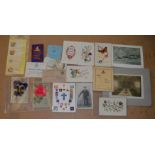 A mixed lot of ephemera including WW1 era embroidered postcards,