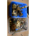 A good lot of assorted metalware including brass fire ornaments,candlesticks and a miners lamps etc.