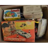 2 large boxes of assorted diecast, tinplate and other toys and models etc.