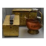An early 20th century brass cased chest and shoe box together with a copper bucket (3).