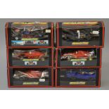 6 x Scalextric cars. C.485 Delara F1. C.410 Ferrari 643. Ferrari F40. C.455 Cosworth Texaco. C.