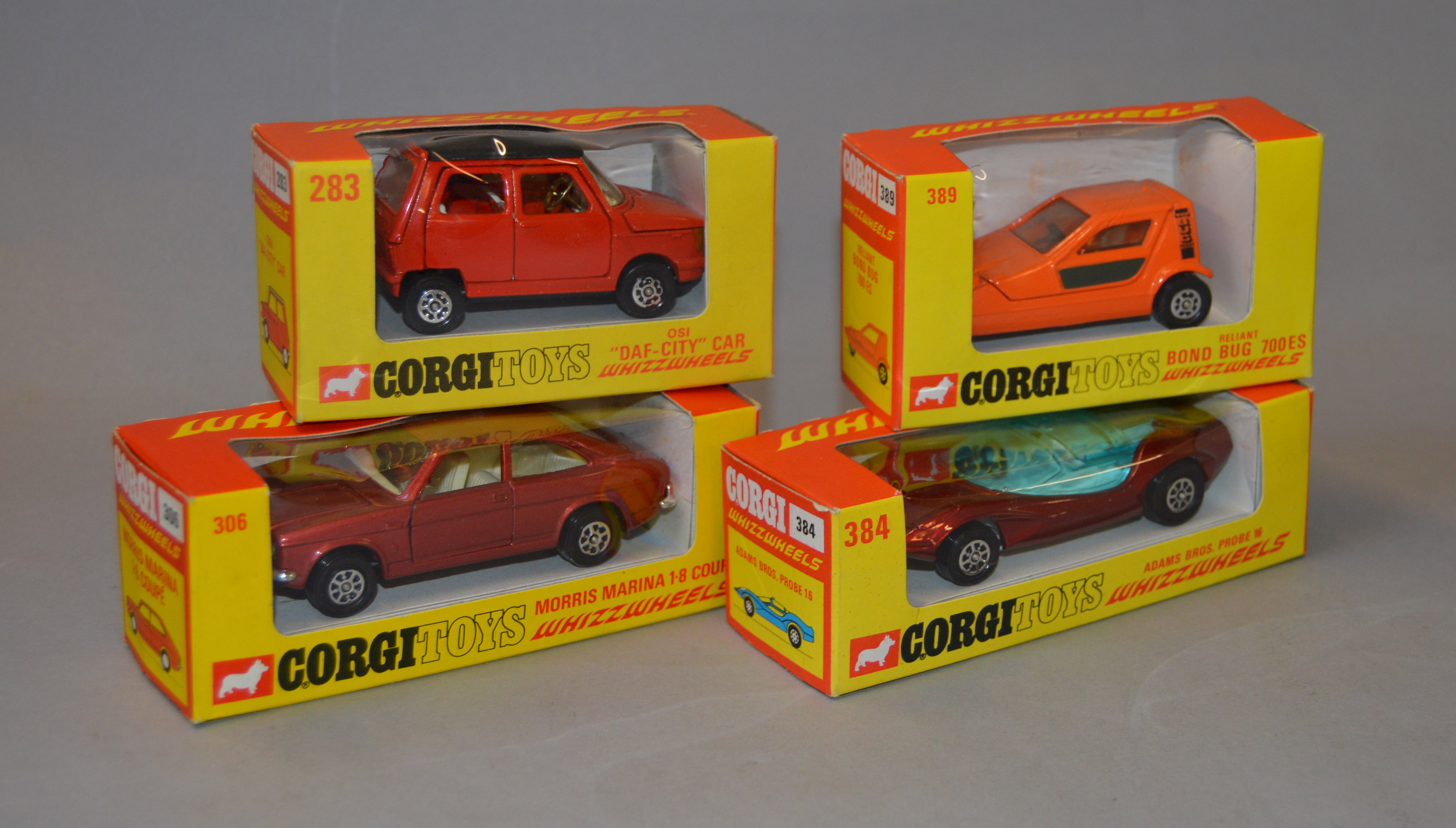 Four Corgi Whizzwheels: #283 DAF-City Car; #389 Bond Bug 700 ES; #306 Morris Marina 1.