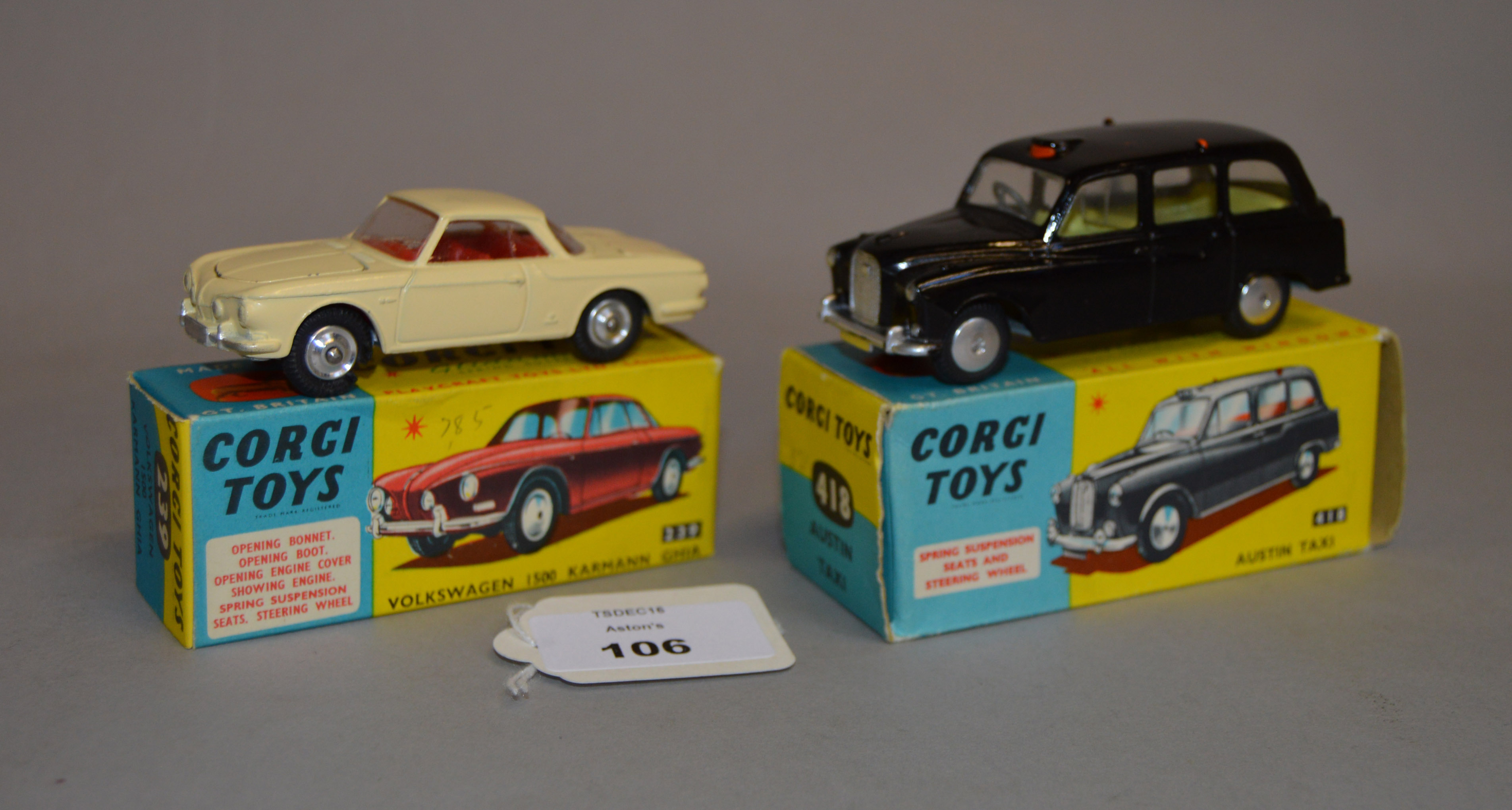 Two Corgi Toys: #239 Volkswagen 1500 Karmann Ghia; #418 Austin Taxi. Both boxed.