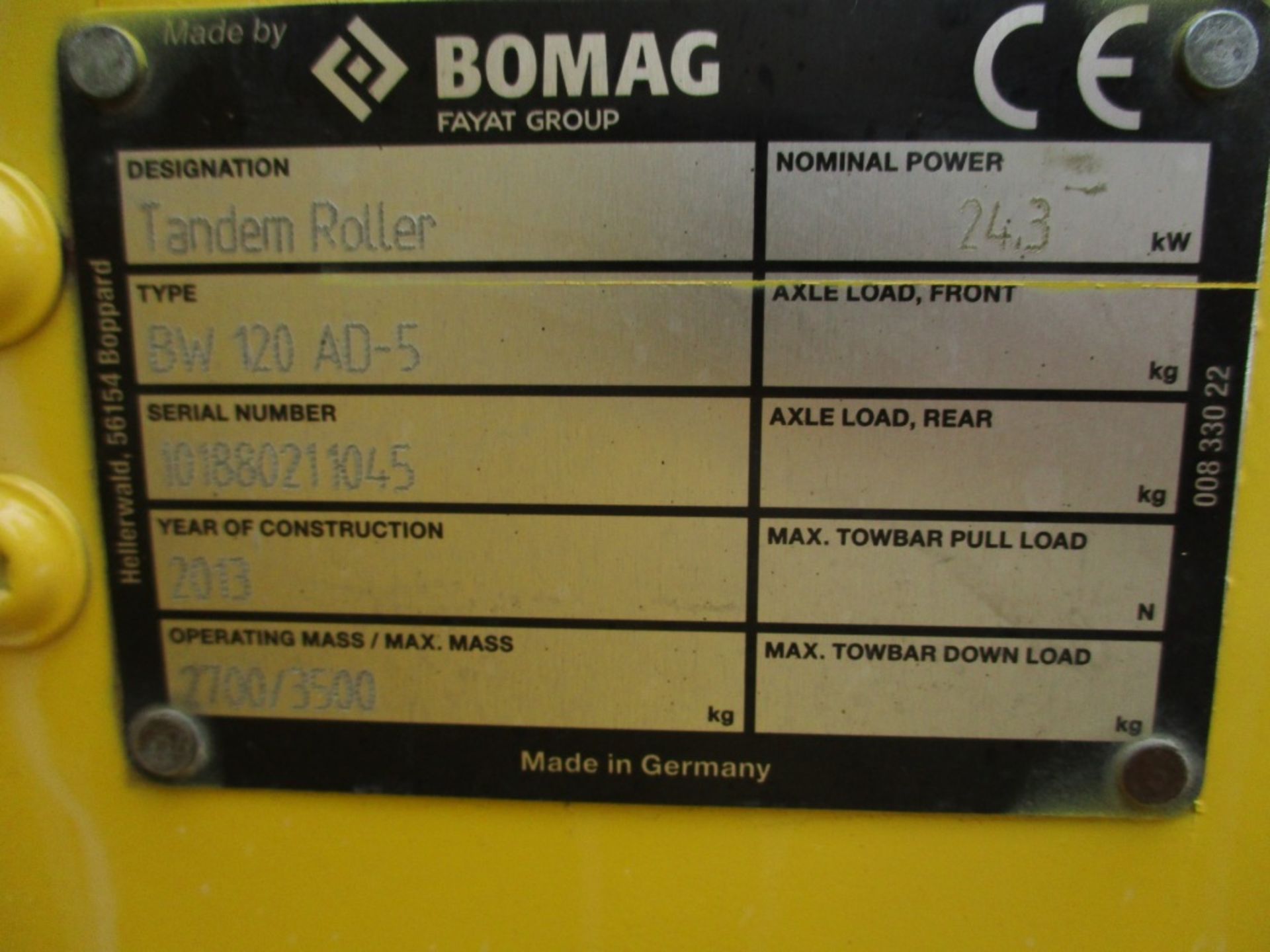 BOMAG BW120AD-5 DOUBLE DRUM ROLLER YEAR 2013 BUILD - Image 4 of 8