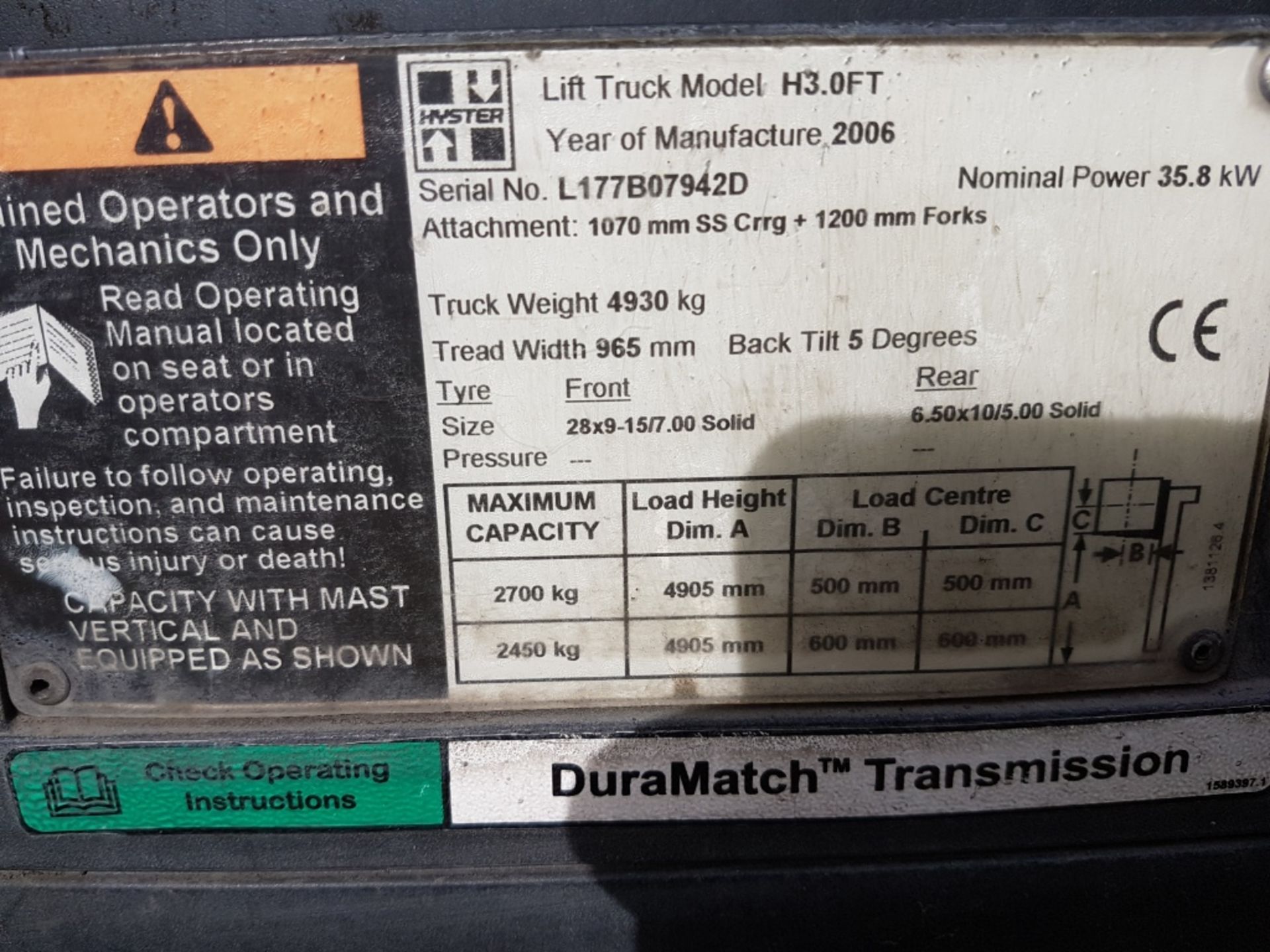 Hyster h3.0 forklift year 2006, 3 ton diesel, side shift - Image 3 of 3