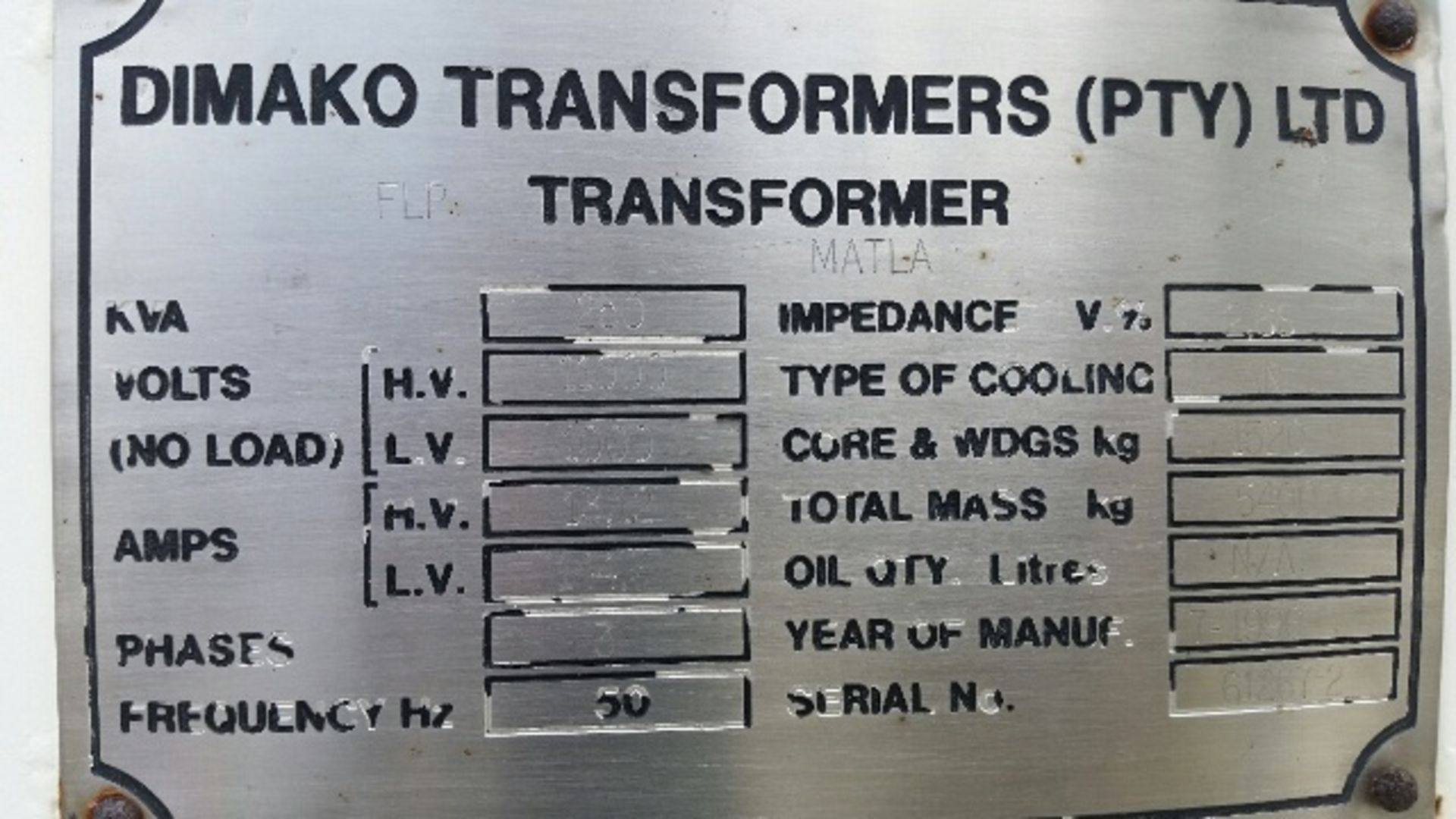 250 KVA DIMAKO FLAMEPROOF TRANSFORMER - Image 2 of 2