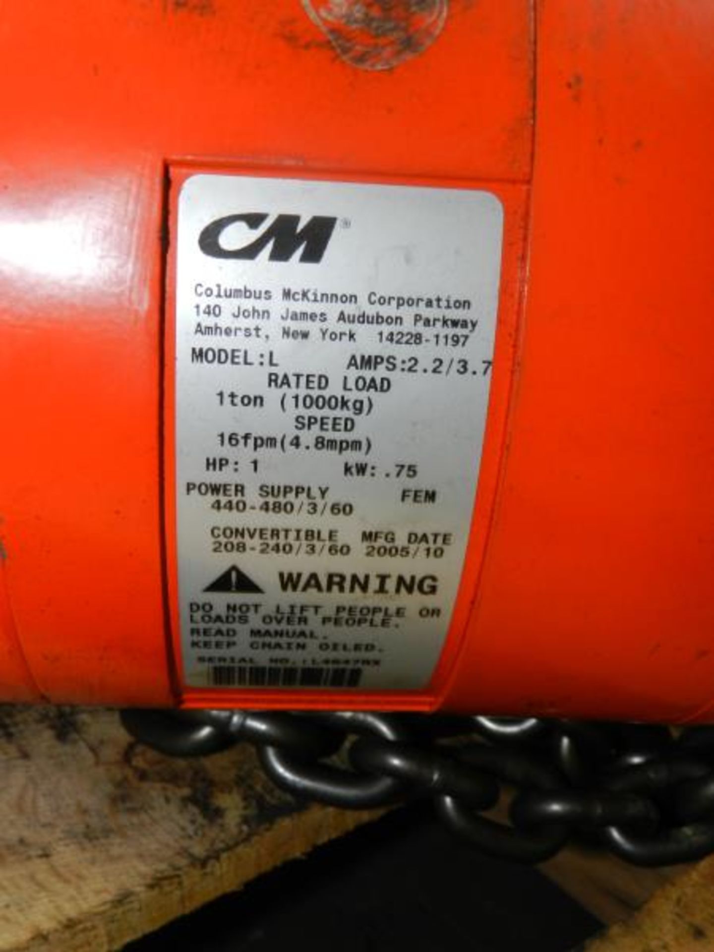 CM Lodestar 1 Ton Electric Chain Hoist Model L - Image 6 of 6