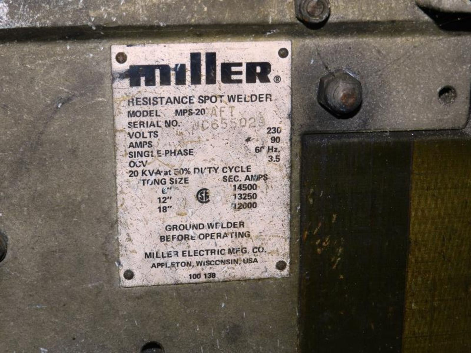 Miller Portable Spot Welder Mps-20 Aft 20 Kva 90 Amp - Image 8 of 8