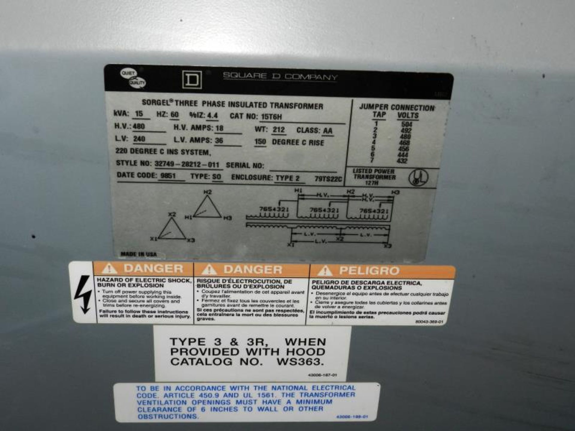 Square D 15T6H 15 KVA Transformer HV 480 LV 240 3 Phase - Image 2 of 2