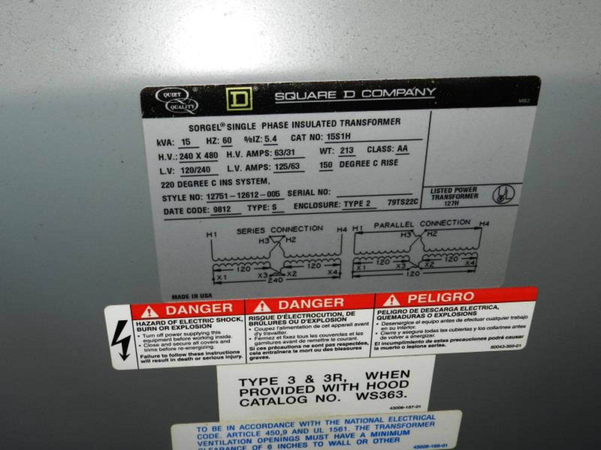 Square D 15S1H 15 KVA Transformer 1 Phase - Image 2 of 2