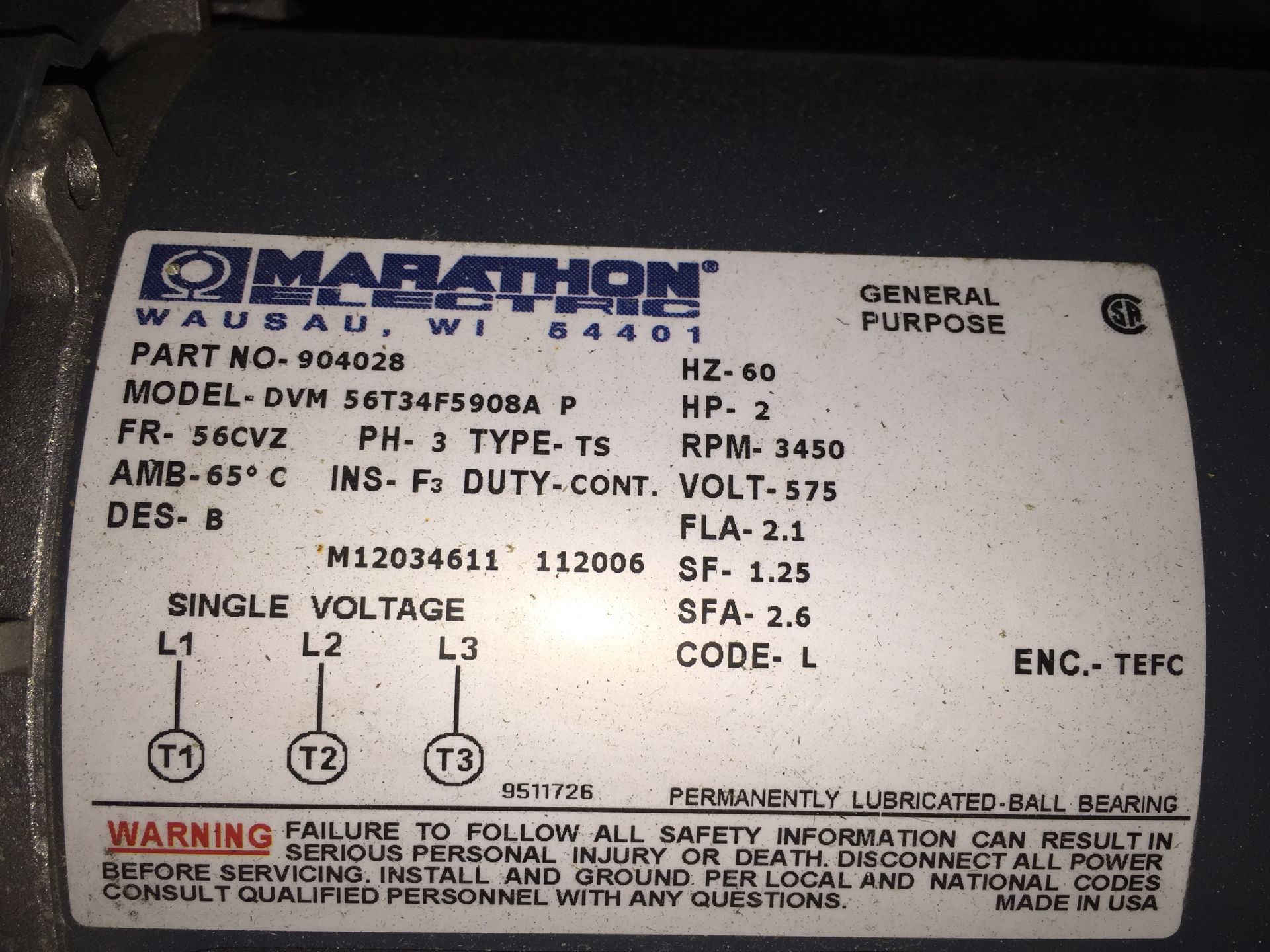 MARATHON MOD# DVM56T34FS908A P PH3 60HZ HP2 RPM3450 - Image 2 of 2