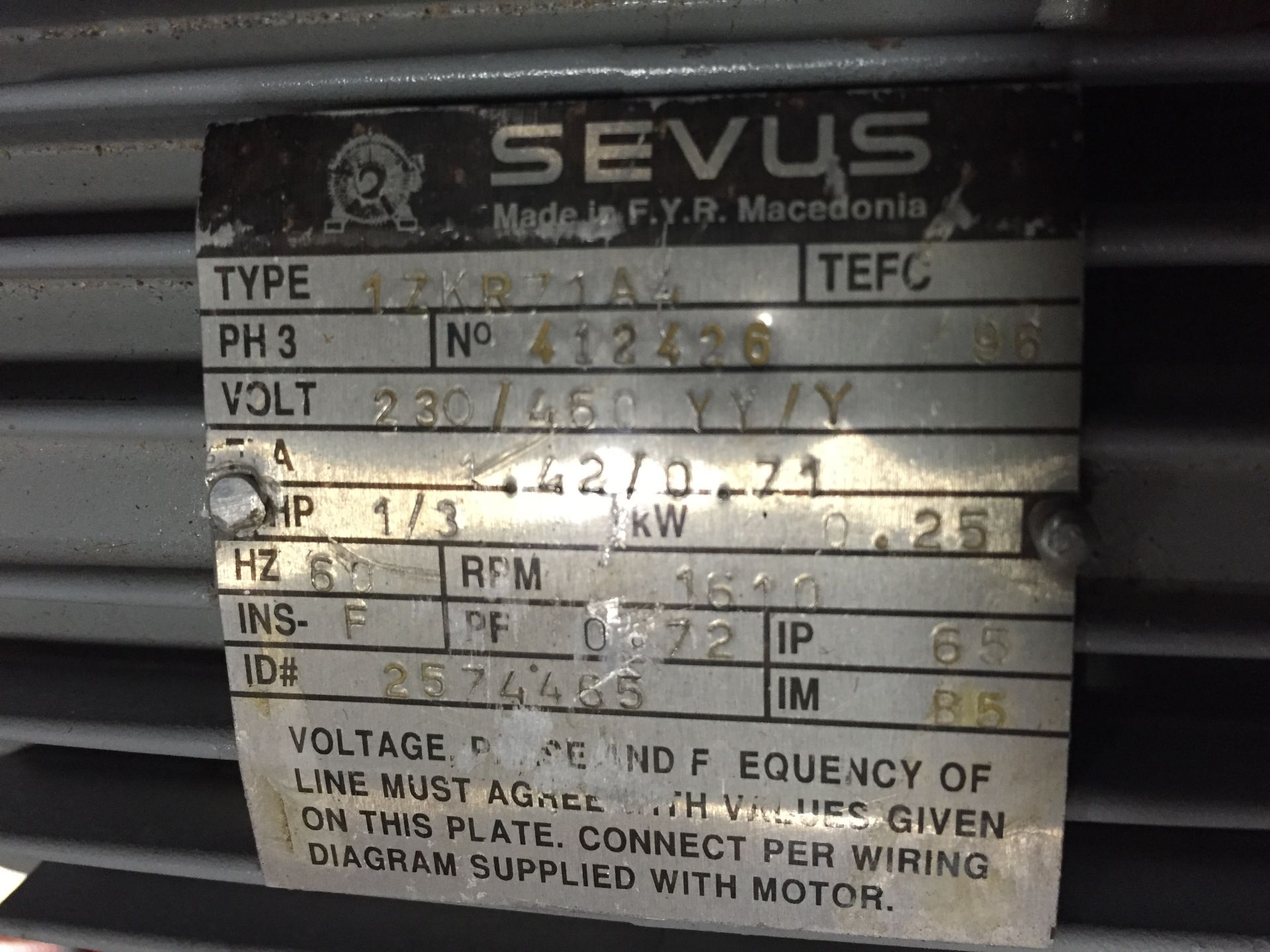 SEVUS MODEL A905-3ZKR 71A-4 PH3 HP1/3 230/450V 60HZ - Image 2 of 3